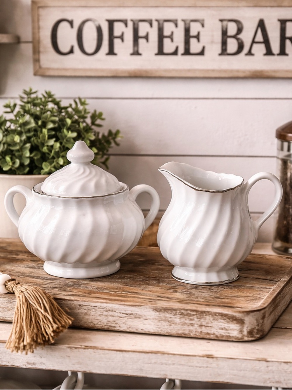 Vintage White Ceramic Fluted Sugar and Creamer Set with Silver Trim